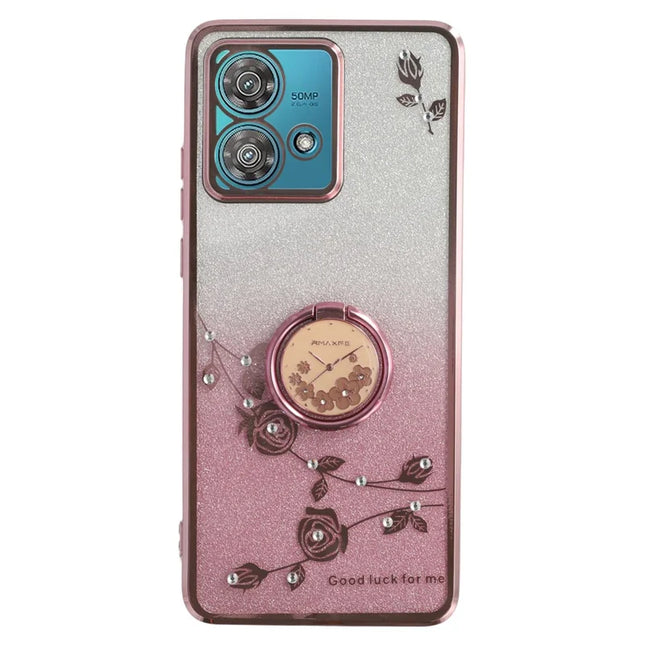 KADEM For Motorola Edge 40 Neo 5G Case Ring Kickstand TPU Flowers Phone Cover Gradient Glitter - Rose Gold