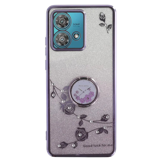 KADEM For Motorola Edge 40 Neo 5G Case Ring Kickstand TPU Flowers Phone Cover Gradient Glitter - Purple
