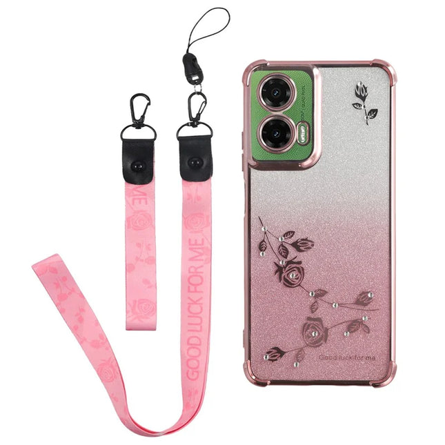 KADEM For Motorola Moto G35 5G Case Flower Pattern TPU Gradient Phone Cover with Lanyards - Rose Gold