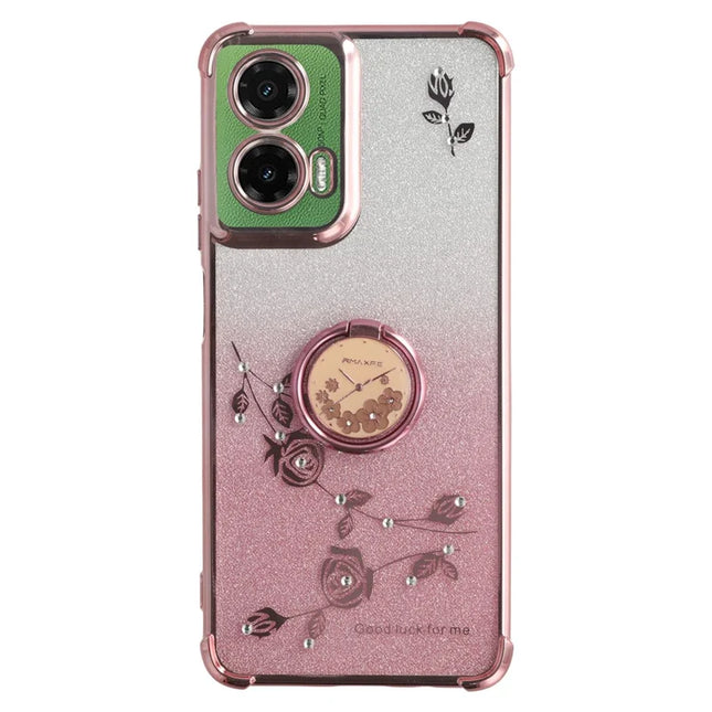 KADEM For Motorola Moto G35 5G Case Ring Kickstand TPU Flowers Phone Cover Gradient Glitter - Rose Gold