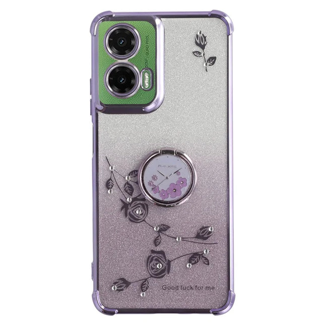 KADEM For Motorola Moto G35 5G Case Ring Kickstand TPU Flowers Phone Cover Gradient Glitter - Purple