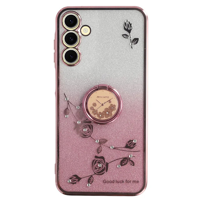 KADEM For Samsung Galaxy A56 5G Case Ring Kickstand TPU Flowers Phone Cover Gradient Glitter - Rose Gold