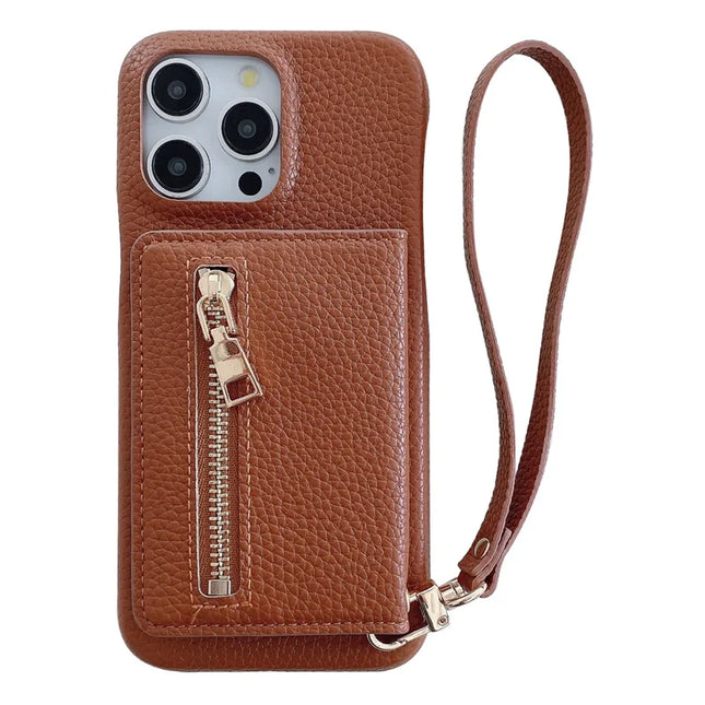 For iPhone 16 Pro Max Case Card Slots Kickstand PU Leather Back Cover with Zipper Pocket, Wrist Strap - Dark Brown