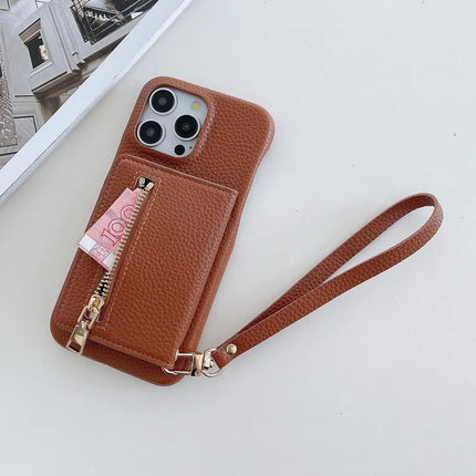 For iPhone 16 Pro Max Case Card Slots Kickstand PU Leather Back Cover with Zipper Pocket, Wrist Strap