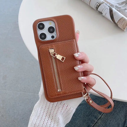 For iPhone 16 Pro Max Case Card Slots Kickstand PU Leather Back Cover with Zipper Pocket, Wrist Strap