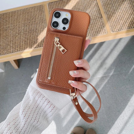 For iPhone 16 Pro Max Case Card Slots Kickstand PU Leather Back Cover with Zipper Pocket, Wrist Strap
