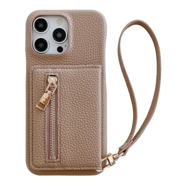 For iPhone 16 Pro Max Case Card Slots Kickstand PU Leather Back Cover with Zipper Pocket, Wrist Strap - Light Brown