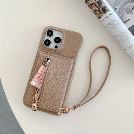 For iPhone 16 Pro Max Case Card Slots Kickstand PU Leather Back Cover with Zipper Pocket, Wrist Strap