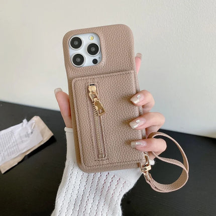 For iPhone 16 Pro Max Case Card Slots Kickstand PU Leather Back Cover with Zipper Pocket, Wrist Strap