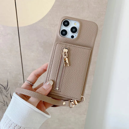 For iPhone 16 Pro Max Case Card Slots Kickstand PU Leather Back Cover with Zipper Pocket, Wrist Strap