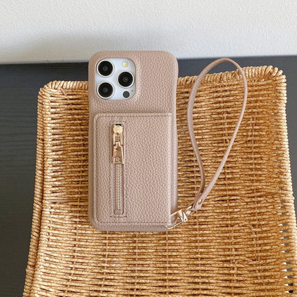 For iPhone 16 Pro Max Case Card Slots Kickstand PU Leather Back Cover with Zipper Pocket, Wrist Strap
