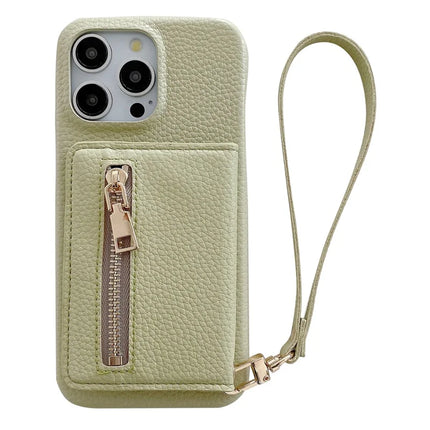 For iPhone 16 Pro Max Case Card Slots Kickstand PU Leather Back Cover with Zipper Pocket, Wrist Strap - Green
