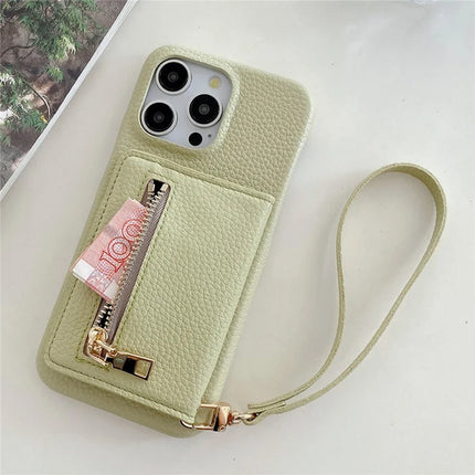 For iPhone 16 Pro Max Case Card Slots Kickstand PU Leather Back Cover with Zipper Pocket, Wrist Strap