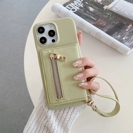 For iPhone 16 Pro Max Case Card Slots Kickstand PU Leather Back Cover with Zipper Pocket, Wrist Strap
