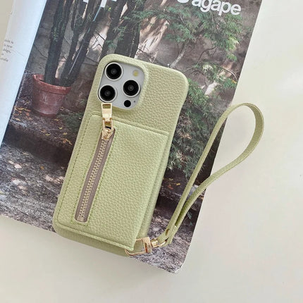 For iPhone 16 Pro Max Case Card Slots Kickstand PU Leather Back Cover with Zipper Pocket, Wrist Strap