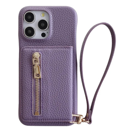 For iPhone 16 Pro Max Case Card Slots Kickstand PU Leather Back Cover with Zipper Pocket, Wrist Strap - Purple