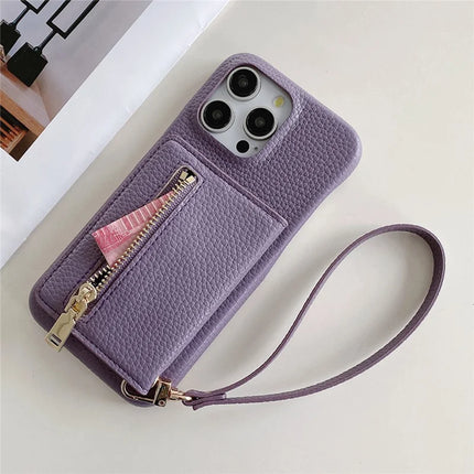 For iPhone 16 Pro Max Case Card Slots Kickstand PU Leather Back Cover with Zipper Pocket, Wrist Strap
