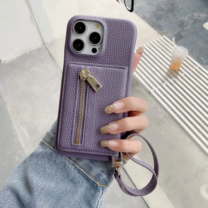 For iPhone 16 Pro Max Case Card Slots Kickstand PU Leather Back Cover with Zipper Pocket, Wrist Strap