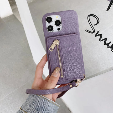 For iPhone 16 Pro Max Case Card Slots Kickstand PU Leather Back Cover with Zipper Pocket, Wrist Strap