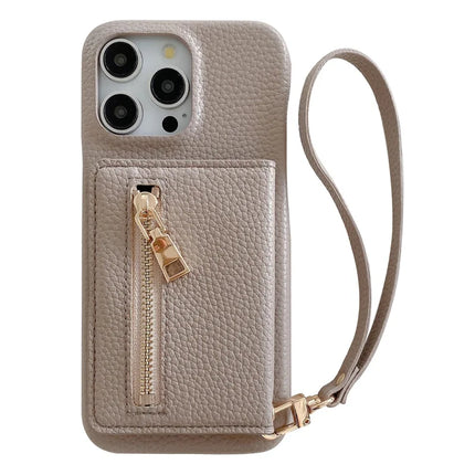 For iPhone 16 Pro Max Case Card Slots Kickstand PU Leather Back Cover with Zipper Pocket, Wrist Strap - Grey