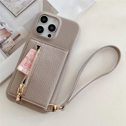 For iPhone 16 Pro Max Case Card Slots Kickstand PU Leather Back Cover with Zipper Pocket, Wrist Strap
