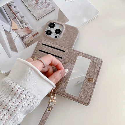 For iPhone 16 Pro Max Case Card Slots Kickstand PU Leather Back Cover with Zipper Pocket, Wrist Strap