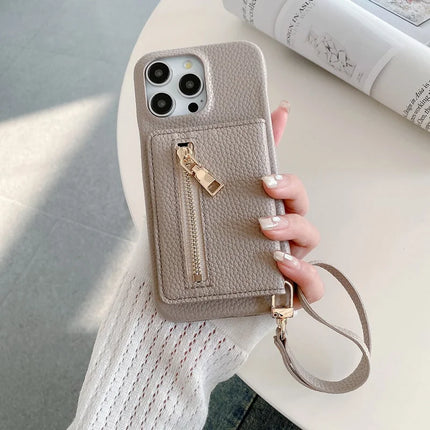 For iPhone 16 Pro Max Case Card Slots Kickstand PU Leather Back Cover with Zipper Pocket, Wrist Strap