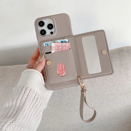 For iPhone 16 Pro Max Case Card Slots Kickstand PU Leather Back Cover with Zipper Pocket, Wrist Strap