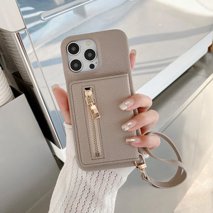 For iPhone 16 Pro Max Case Card Slots Kickstand PU Leather Back Cover with Zipper Pocket, Wrist Strap