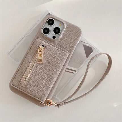 For iPhone 16 Pro Max Case Card Slots Kickstand PU Leather Back Cover with Zipper Pocket, Wrist Strap
