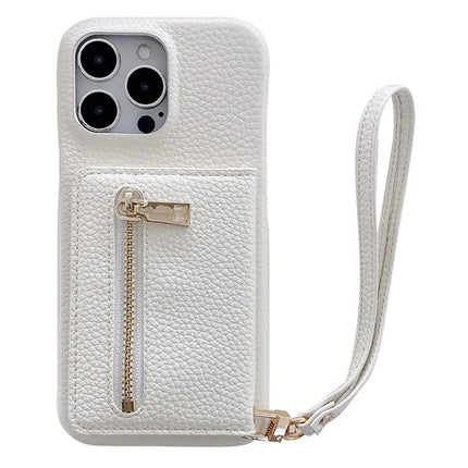 For iPhone 16 Pro Max Case Card Slots Kickstand PU Leather Back Cover with Zipper Pocket, Wrist Strap - White