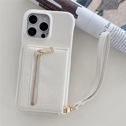 For iPhone 16 Pro Max Case Card Slots Kickstand PU Leather Back Cover with Zipper Pocket, Wrist Strap