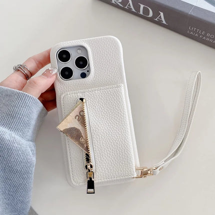 For iPhone 16 Pro Max Case Card Slots Kickstand PU Leather Back Cover with Zipper Pocket, Wrist Strap