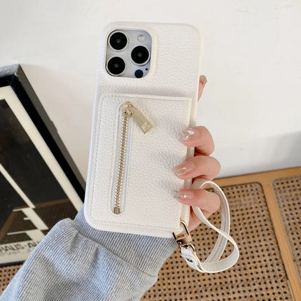 For iPhone 16 Pro Max Case Card Slots Kickstand PU Leather Back Cover with Zipper Pocket, Wrist Strap