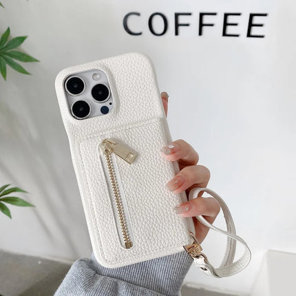 For iPhone 16 Pro Max Case Card Slots Kickstand PU Leather Back Cover with Zipper Pocket, Wrist Strap