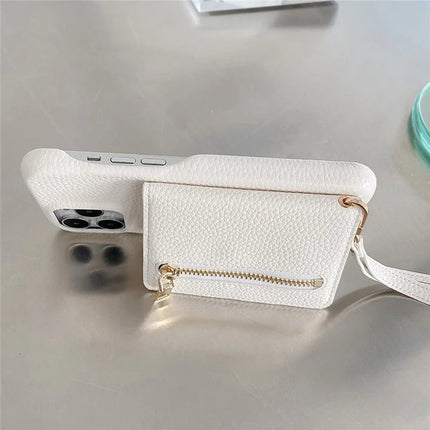 For iPhone 16 Pro Max Case Card Slots Kickstand PU Leather Back Cover with Zipper Pocket, Wrist Strap
