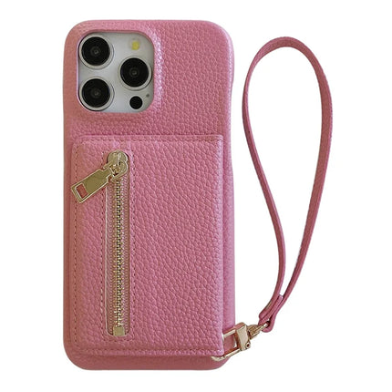 For iPhone 16 Pro Max Case Card Slots Kickstand PU Leather Back Cover with Zipper Pocket, Wrist Strap - Pink