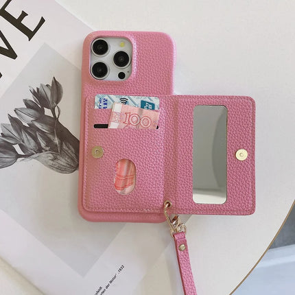 For iPhone 16 Pro Max Case Card Slots Kickstand PU Leather Back Cover with Zipper Pocket, Wrist Strap