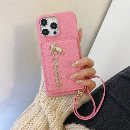 For iPhone 16 Pro Max Case Card Slots Kickstand PU Leather Back Cover with Zipper Pocket, Wrist Strap