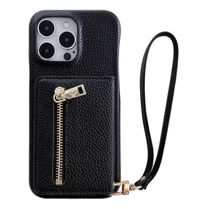 For iPhone 16 Pro Max Case Card Slots Kickstand PU Leather Back Cover with Zipper Pocket, Wrist Strap - Black