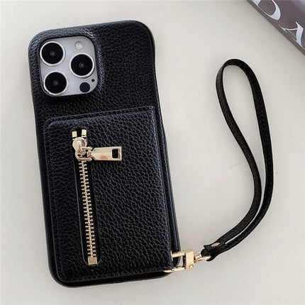 For iPhone 16 Pro Max Case Card Slots Kickstand PU Leather Back Cover with Zipper Pocket, Wrist Strap