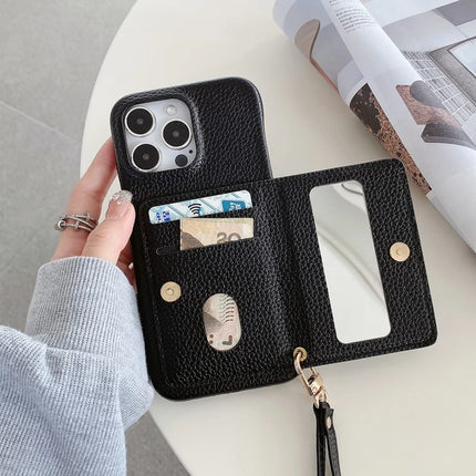 For iPhone 16 Pro Max Case Card Slots Kickstand PU Leather Back Cover with Zipper Pocket, Wrist Strap