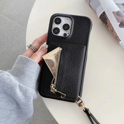 For iPhone 16 Pro Max Case Card Slots Kickstand PU Leather Back Cover with Zipper Pocket, Wrist Strap