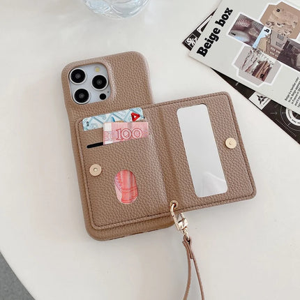 For iPhone 16 Pro Case Card Slots Kickstand PU Leather Back Cover with Zipper Pocket, Wrist Strap