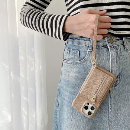 For iPhone 16 Pro Case Card Slots Kickstand PU Leather Back Cover with Zipper Pocket, Wrist Strap