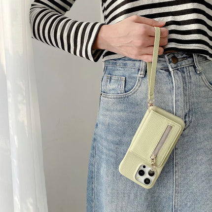For iPhone 16 Pro Case Card Slots Kickstand PU Leather Back Cover with Zipper Pocket, Wrist Strap