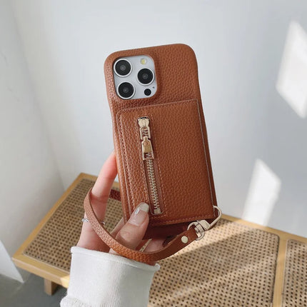 For iPhone 16 Pro Case Card Slots Kickstand PU Leather Back Cover with Zipper Pocket, Wrist Strap