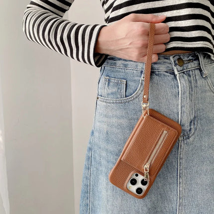 For iPhone 16 Pro Case Card Slots Kickstand PU Leather Back Cover with Zipper Pocket, Wrist Strap