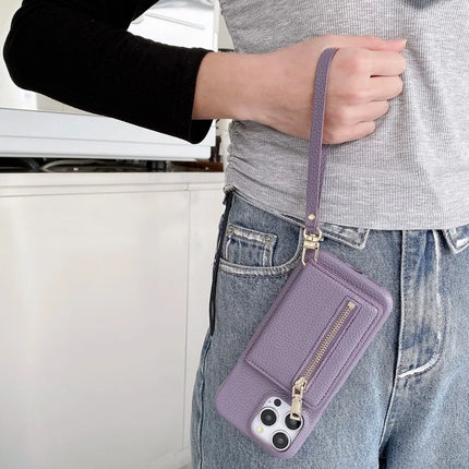 For iPhone 16 Pro Case Card Slots Kickstand PU Leather Back Cover with Zipper Pocket, Wrist Strap