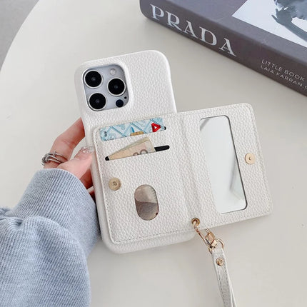 For iPhone 16 Pro Case Card Slots Kickstand PU Leather Back Cover with Zipper Pocket, Wrist Strap